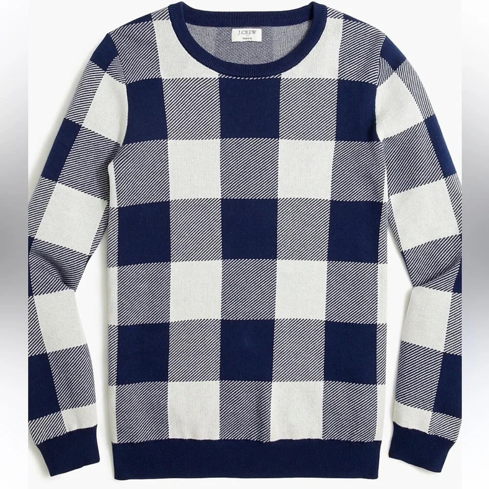 J. Crew Teddie Check Jacquard pullover Blue and White Plaid Crewneck
